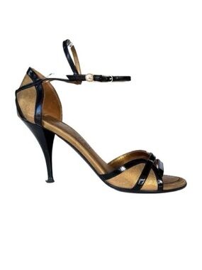 CHANEL Ankle Strap with Pearl Button Gold Black Heels Size 38 1/2